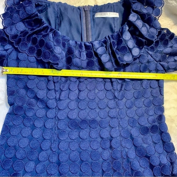 Trina Turk Dress Medium Navy Blue Mini Long Slvs Lace Dots Ruffle Neckline Cuffs - Picture 13 of 16